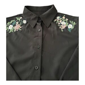 Embroidered Floral Black Button Up Blouse Minimalist Cottagecore Top